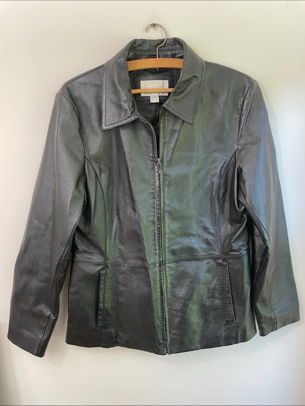 Worthington Women's Black Leather Classic Flat Pocket Zip-Front Jacket M
